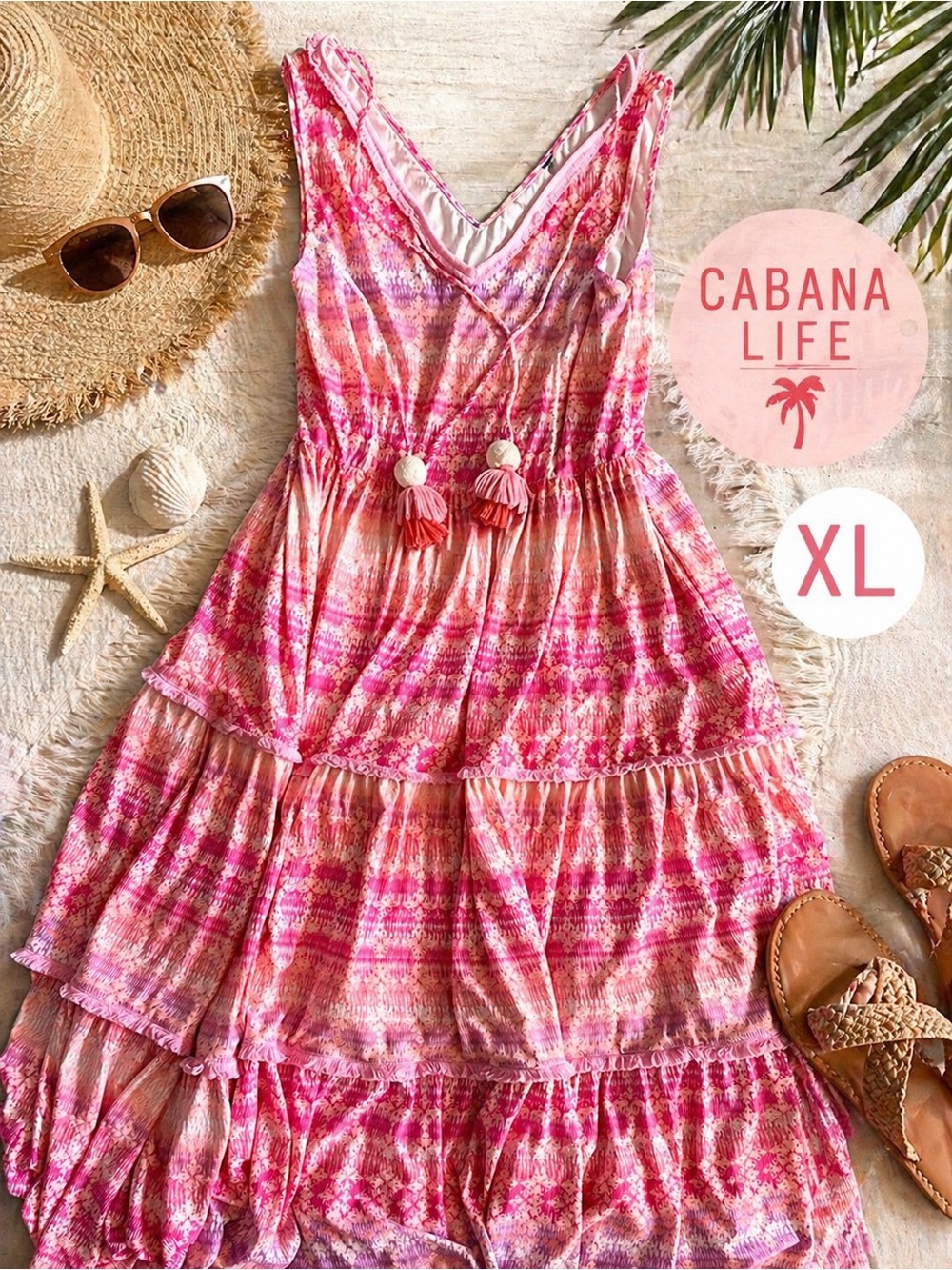 Cabana Life Pink Boho Tiered Sundress Tassel Trim Beach Resort Dress XL